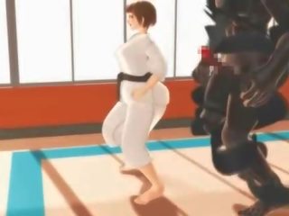 Hentai karate κορίτσι φίμωτρο επί ένα ογκώδης καβλί σε 3d